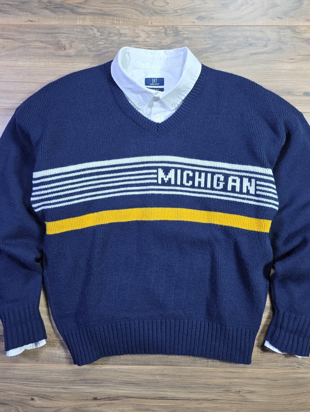 Vintage 90s Cliff Engle Michigan Wolverines V-Neck Sweater XL Navy